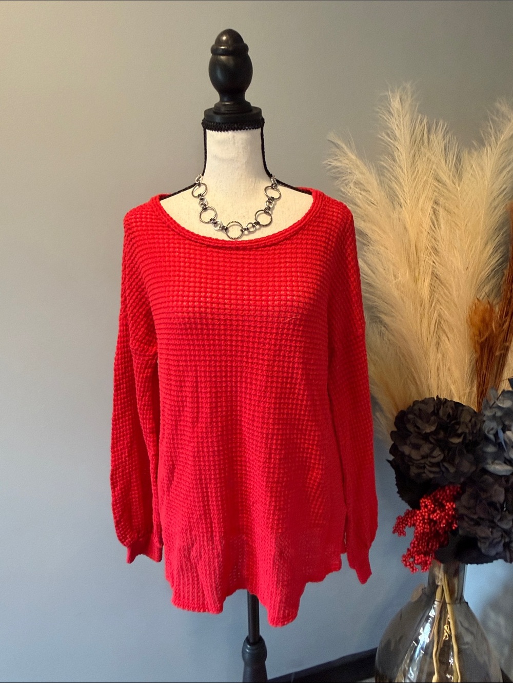 Women's Red Waffle Knit Long-Sleeve Sweater